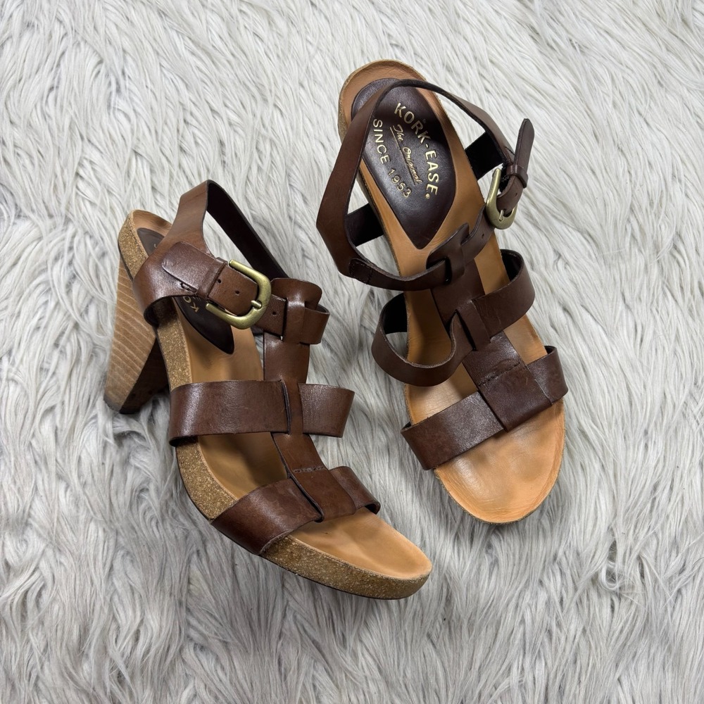 Kork-Ease Women's 10 Brown Leather Elinor Heeled Strappy Sandals Boho‎ Preppy